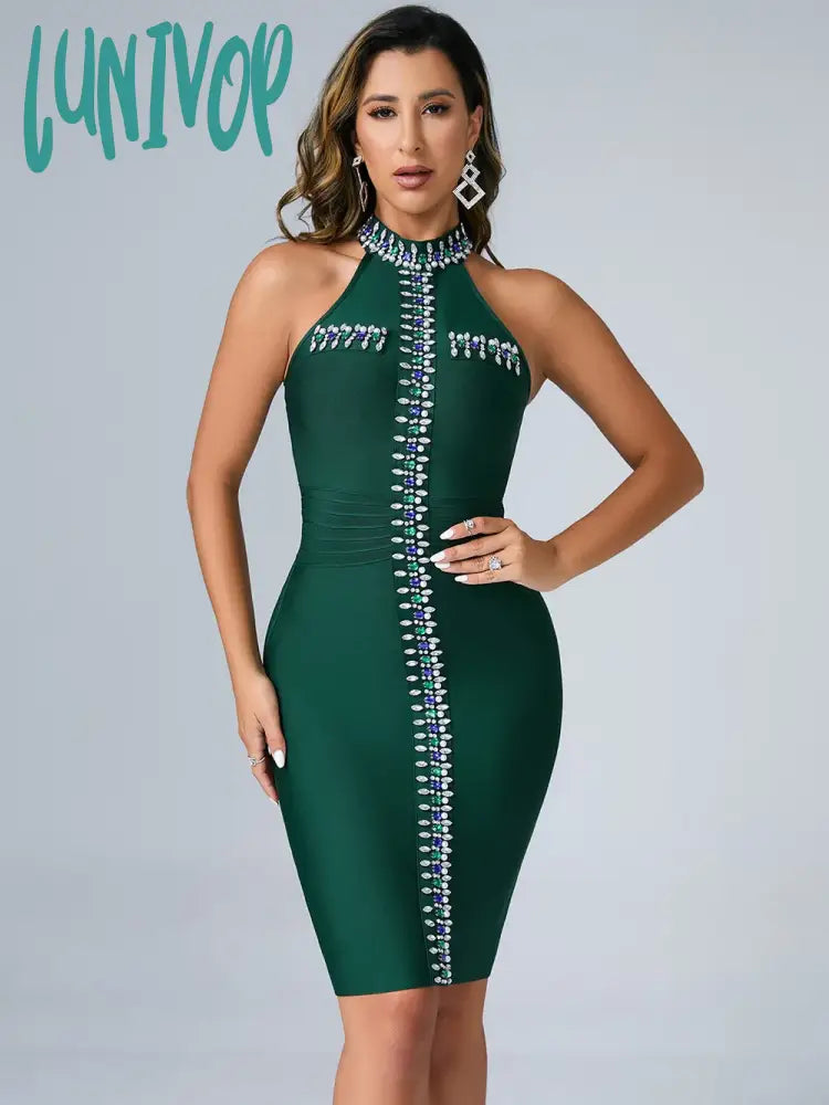 Lunivop Summer Women Sexy Tank Blue Green Black Crystal Diamonds Mini Bodycon Bandage Dress Elegant Evening Club Party Dress