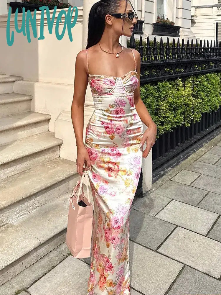 Lunivop Suninheart Summer Spaghetti Strap Floral Print Party Dresses Elegant Maxi Bodycon Wedding Guest Holiday Dress New In Dress