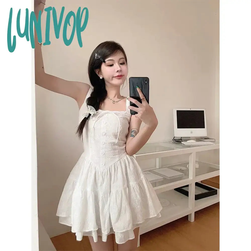 Lunivop Sweet White Mini Dress Women Fairy Party Prom Strap Ruffles One Pieces Dresses Korean Vacation Bodycon Ball Gown Vestidos