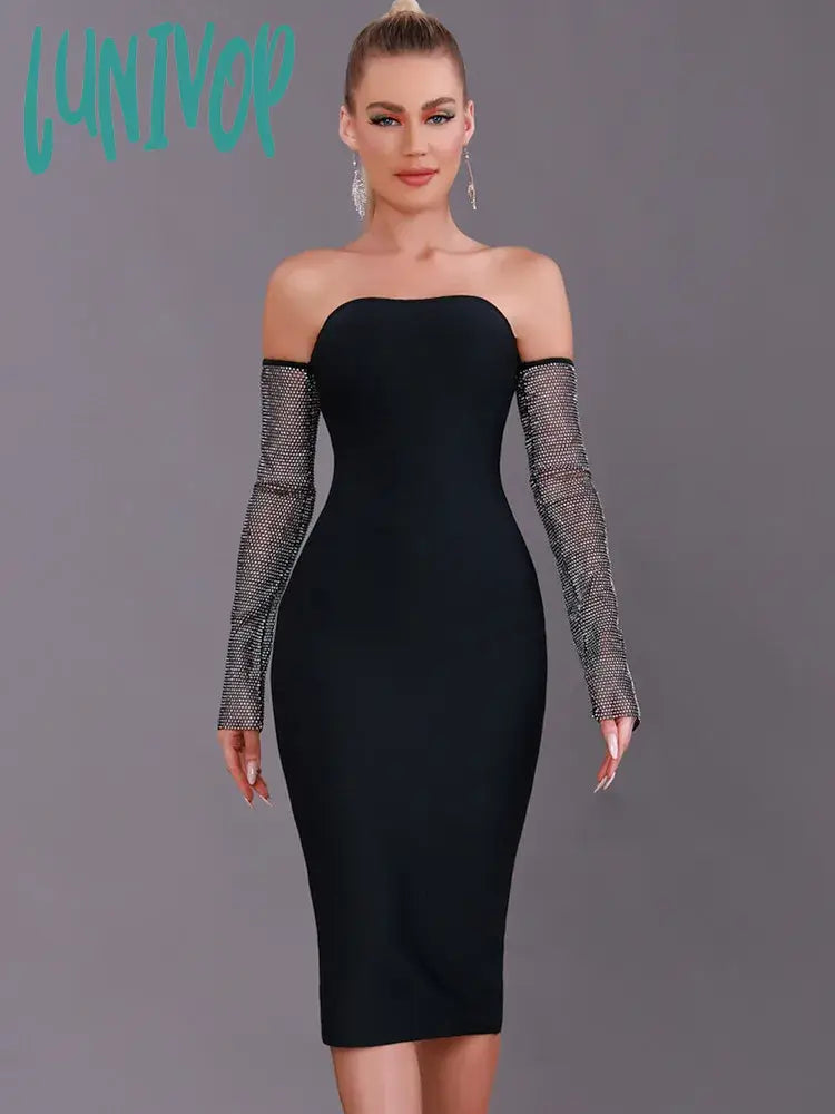 Lunivop Top Women Summer Sexy Off Shoulder Diamonds Black Midi Bodycon Bandage Dress Elegant Evening Celebrity Party Club Dress
