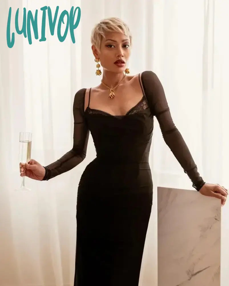 Lunivop Winter Black Formal Occasion Dresses Elegant and Beautiful Long Sleeve Bodycon Party Evening Dresses Long Vestidos