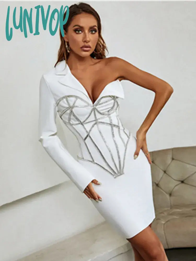Lunivop Winter Sexy Long Sleeve Single Beading Sparkly White Mini Women Bodycon Bandage Dress Elegant Evening Party Dress Vestido
