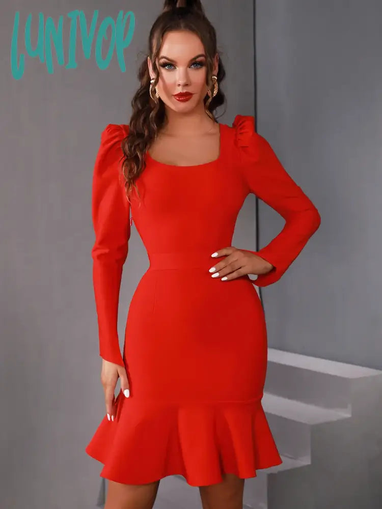 Lunivop Winter Sexy Long Sleeve Square Collar Black Red Mini Women Bodycon Bandage Dress Elegant Evening Club Party Dress