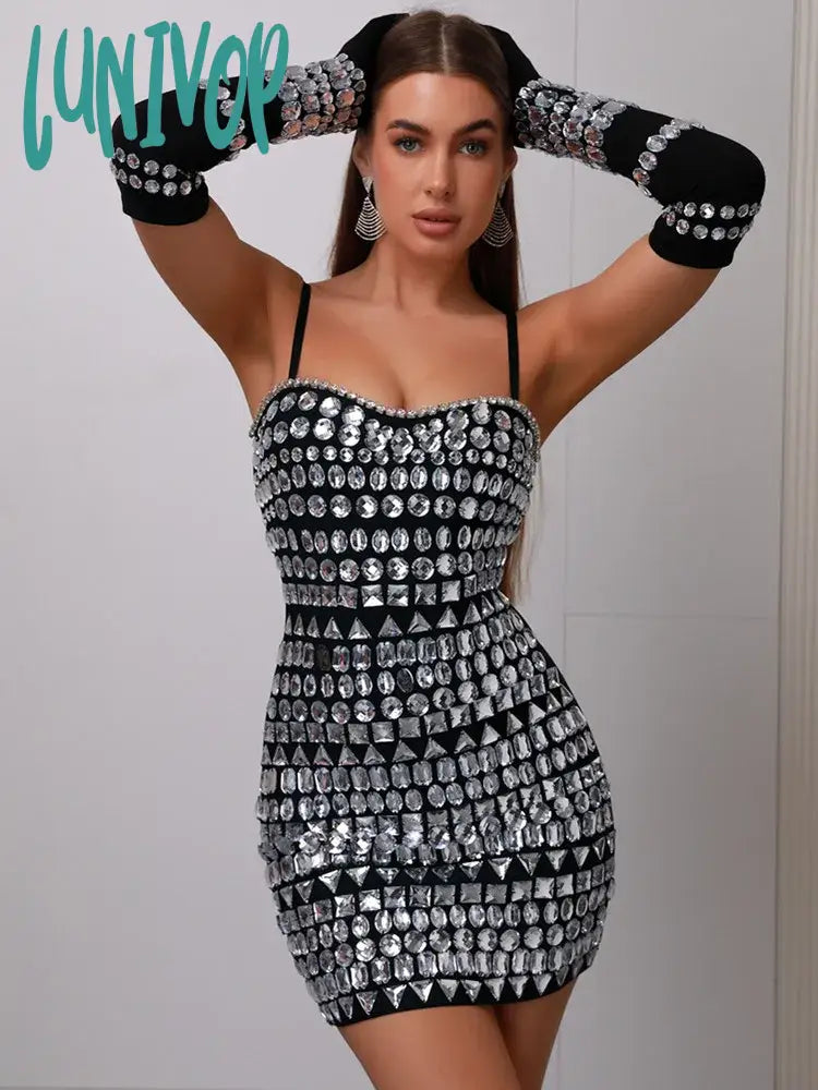 Lunivop Women Celebrity Christmas Sexy Beading Gloves Black Mini Bodycon Bandage Dress Knitted Elegant Evening Club Party Dress