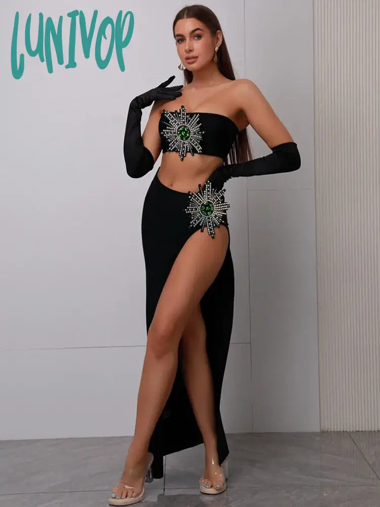 Lunivop Women Celebrity Luxury Sexy Rhinestone Sparkly Crop Top Black Maxi Long Bodycon Bandage Skirt Set Elegant Evening Club Party Outfit
