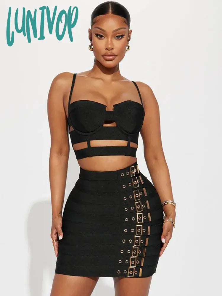 Lunivop Women Celebrity Sexy Cut Out Buckles Black White Mini Bodycon Bandage Skirt Set Elegant Evening Club Party Outfits