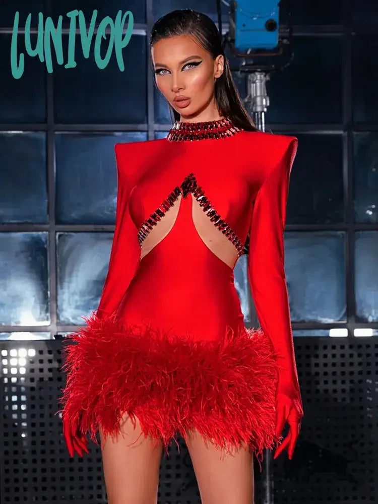 Lunivop Women Celebrity Sexy Long Sleeve Feather Beading Cut Out Red Mini Bodycon Bandage Dress Elegant Evening Club Party Dress