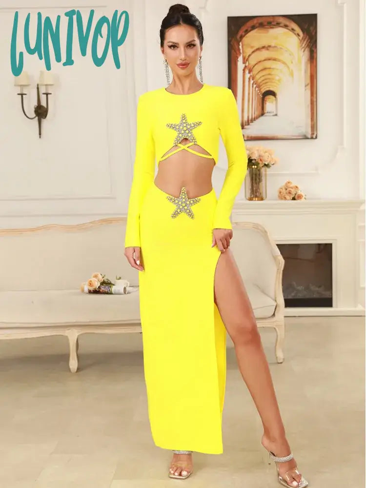 Lunivop Women Celebrity Sexy Long Sleeve Starfish Yellow Maxi Long Bodycon Bandage Skirt Set Elegant Evening Club Party Outfit