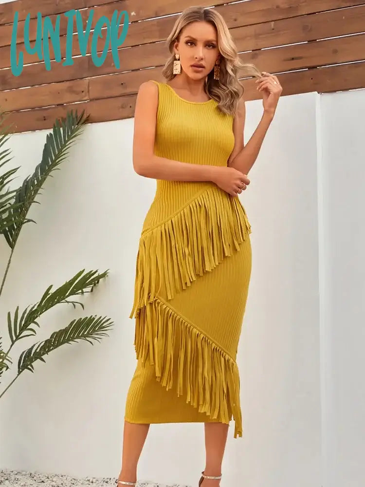 Lunivop Women Celebrity Sexy O Neck Tassel Ginger Yellow Midi Bodycon Bandage Dress Elegant Evening Club Party Dress