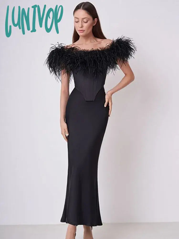 Lunivop Women Celebrity Sexy Off Shoulder Feather Black Maxi Long Bodycon Bandage Skirt Set Elegant Evening Club Party Outfits