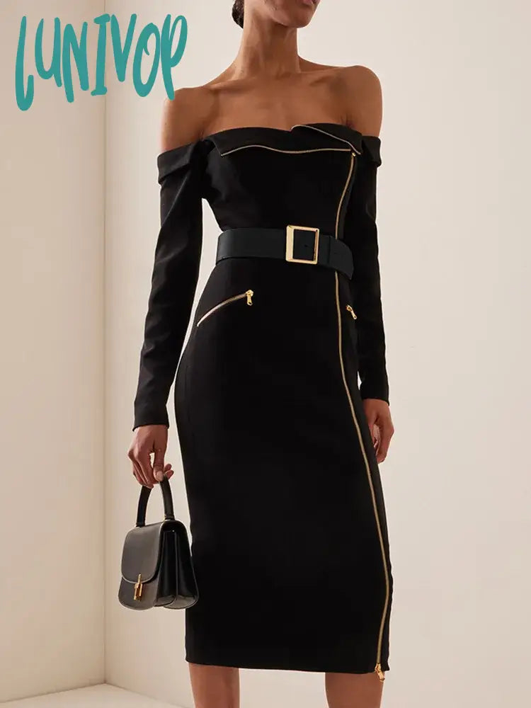 Lunivop Women Celebrity Sexy Off Shoulder Zipper Long Sleeve Black Belt Midi Bodycon Bandage Dress Elegant Evening Club Party Dress