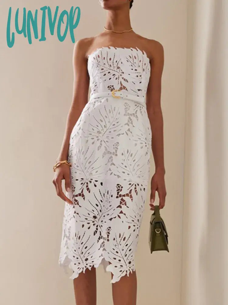 Lunivop Women Celebrity Sexy Strapless Backless Lace White Midi Bodycon Bandage Dress Elegant Evening Club Party Dress