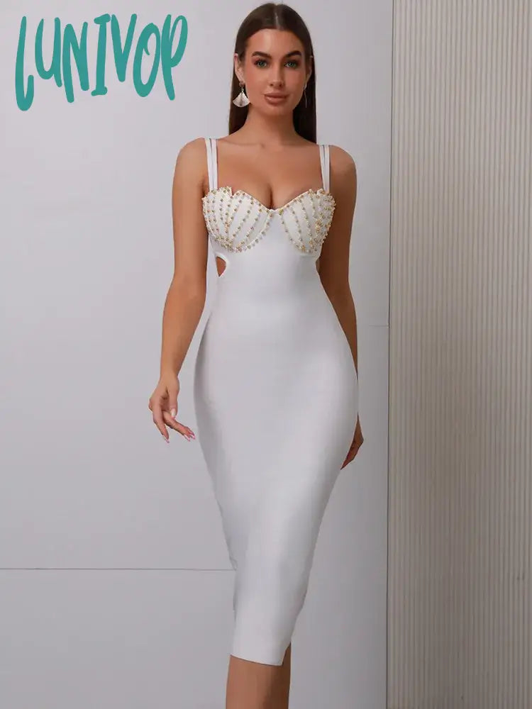 Lunivop Women Celebrity Sexy V Neck White Beading Cut Out Midi Bodycon Bandage Dress Knitted Elegant Evening Club Party Dress