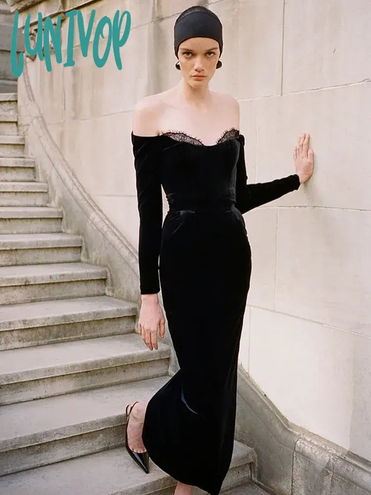 Lunivop Women Celebrity Winter Sexy Long Sleeve Off Shoulder Lace Black Velvet Bodycon Gowns Dress Elegant Evening Party Club Dress