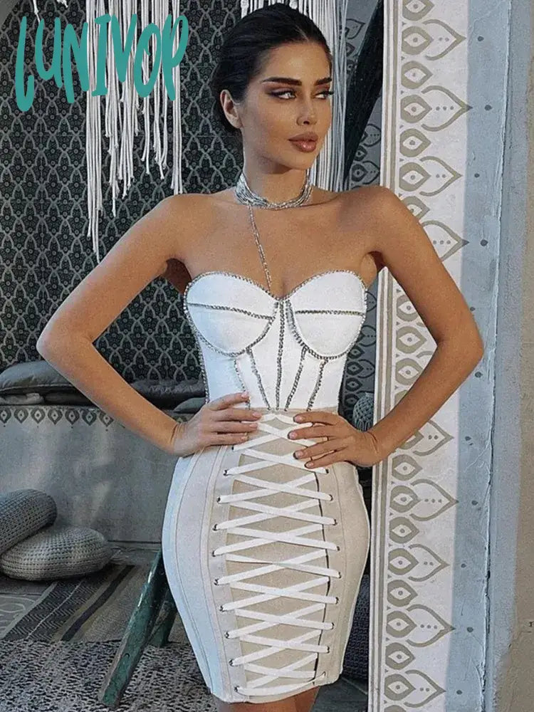 Lunivop Women Luxury Sexy Strapless Backless Crystal Sparkly Beige Pink Mini Bodycon Bandage Dress Elegant Evening Club Party Dress
