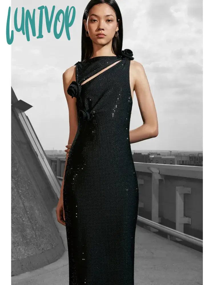 Lunivop Women Sexy Cut Out Studded Rhinestone Flower Black Midi Bodycon Bandage Dress Elegant Evening Club Party Dress
