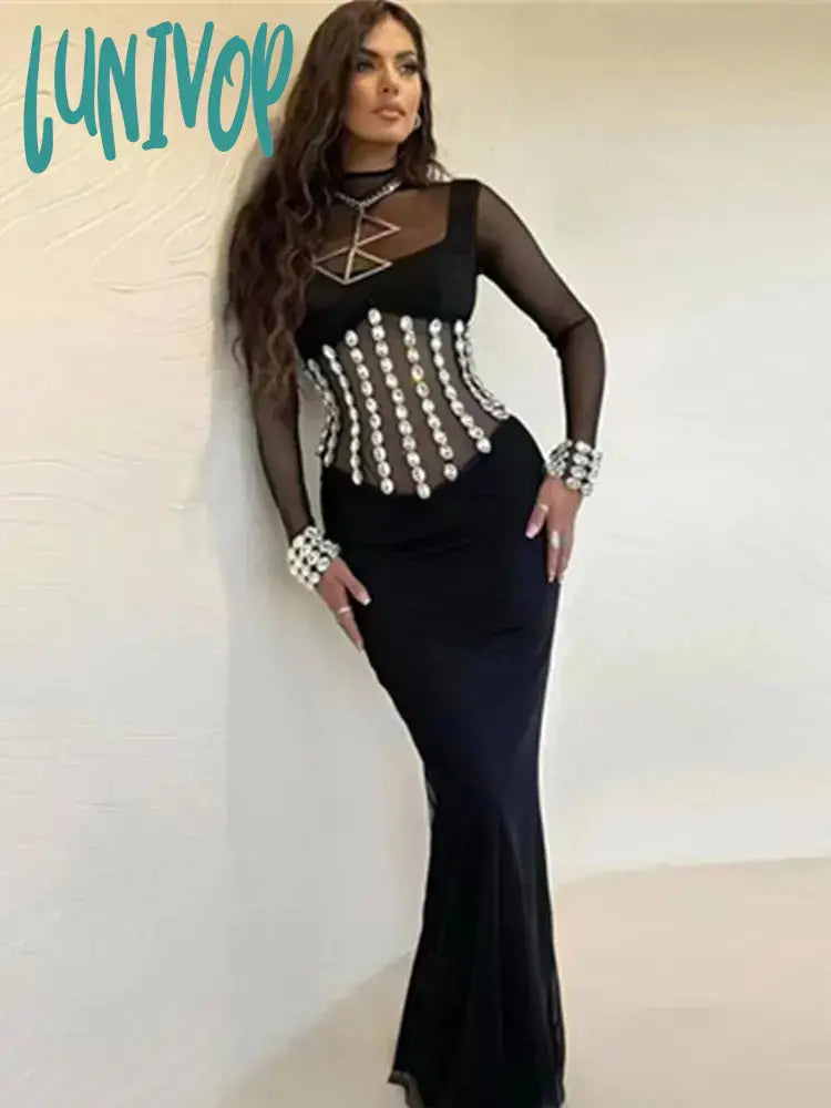 Lunivop Women Sexy Long Sleeve Mesh Beading Black Maxi Long GownsBodycon Bandage Dress Elegant Evening Club Party Dress