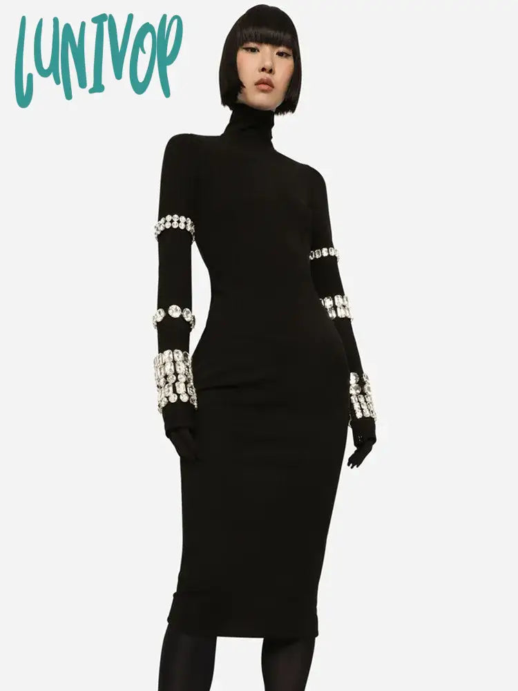 Lunivop Women Sexy Long Sleeve Turtlneck Beading Black Midi Bodycon Bandage Dress 2024 Elegant Evening Club Party Dress