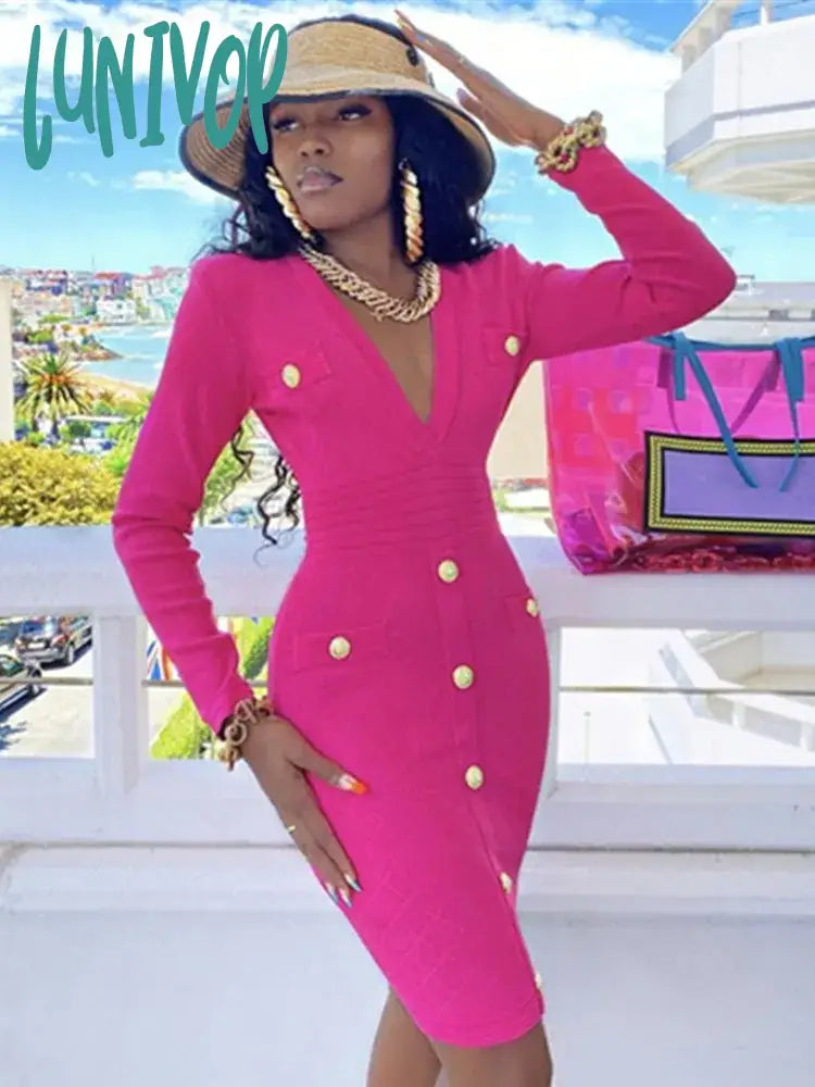 Lunivop Women Sexy Long Sleeve V Neck Hot Pink Orange Button Winter Bodycon Bandage Dress Elegant Celebrity Evening  Party Dress