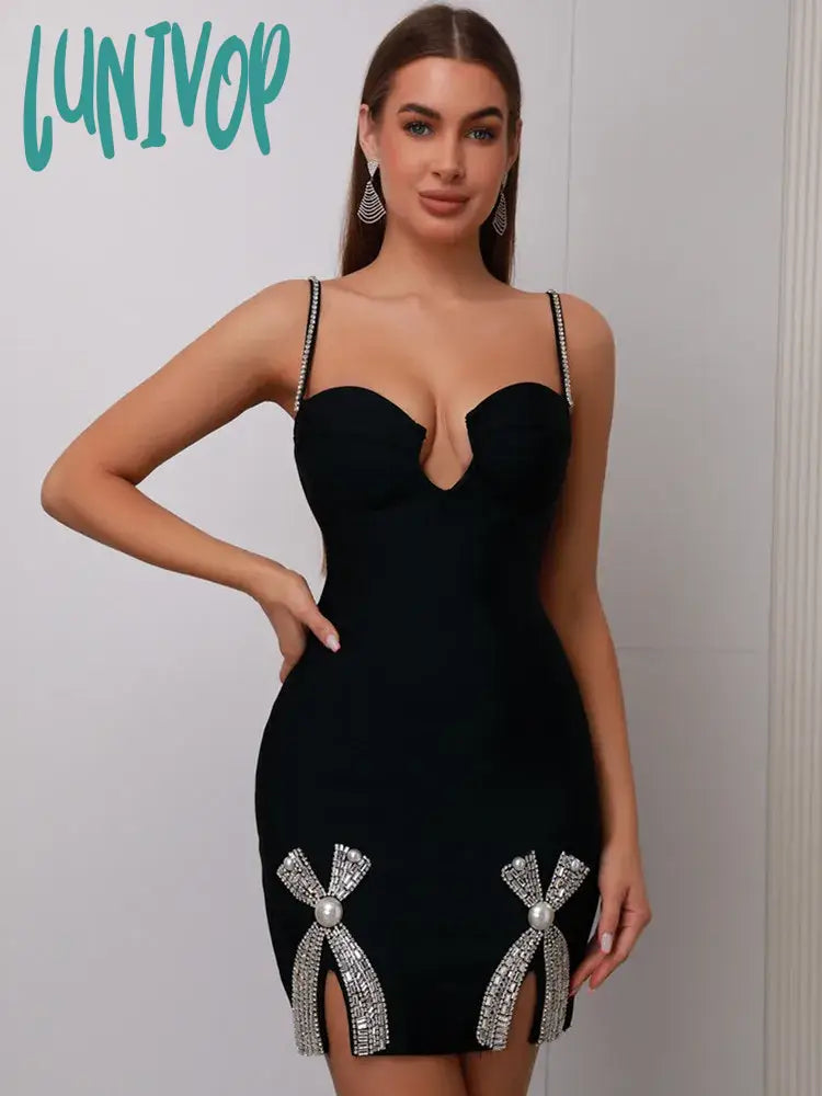 Lunivop Women Summer Celebrity Sexy V Neck Beading Black Mini Bodycon Bandage Dress Knitted Elegant Evening Club Party Dress