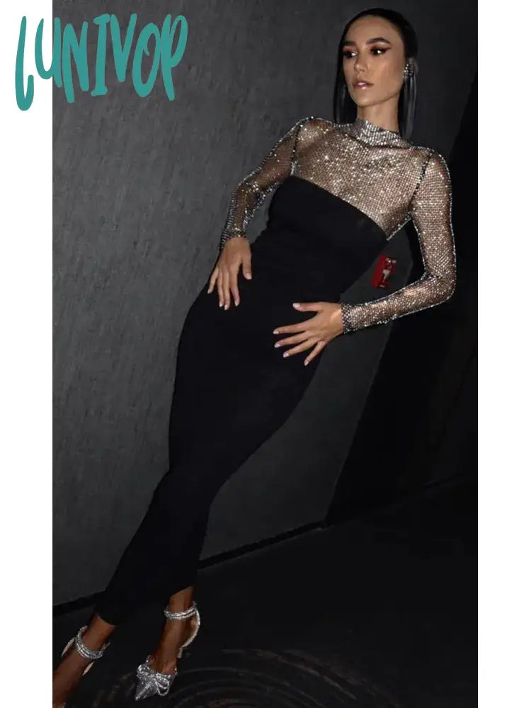 Lunivop Women Summer Chic Sexy Long Sleeve Crystal Diamonds Black Midi Bodycon Bandage Dress Elegant Evening Club Party Dress