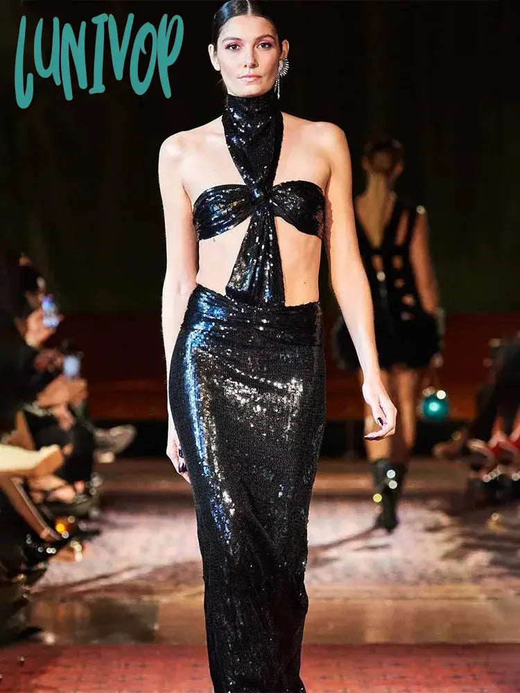 Lunivop Women Summer Fashion Sexy Backless Halter Black Mesh Sequins Maxi Long 0Bodycon Dress Elegant Evening Party Club Dress