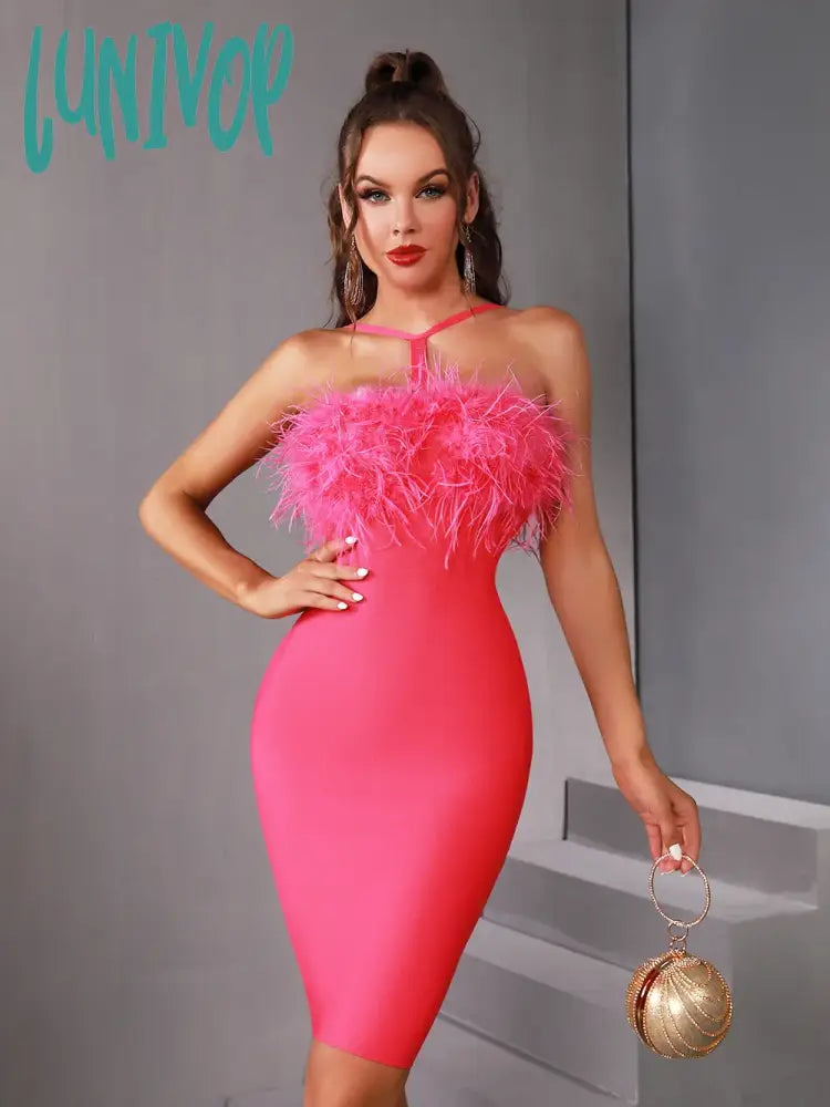 Lunivop Women Summer Fashion Sexy Cut Put Feather Hot Pink Mini Bodycon Bandage Dress Elegant Evening Club Party Dress