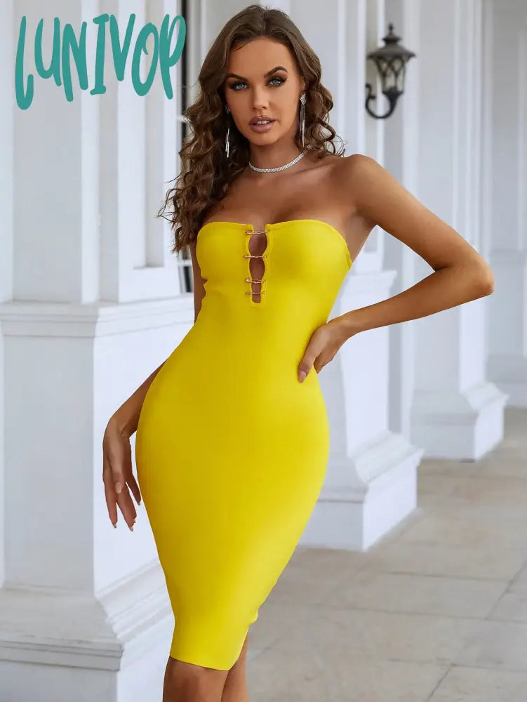 Lunivop Women Summer Fashion Sexy Strapless Backless Pin Yellow Mini Bodycon Bandage Dress 2024 Elegant Evening Club Party Dress