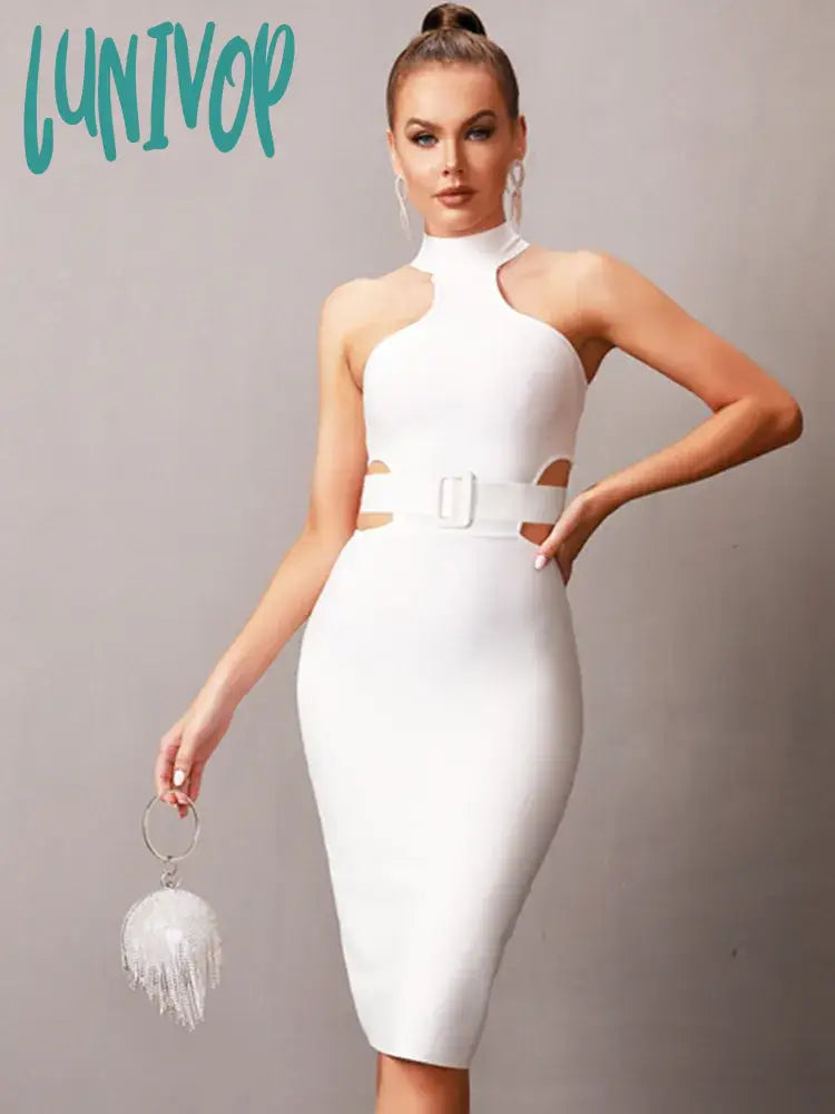 Lunivop Women Summer Sexy Backless Halter Cut Out Feather Beading Black Mini Bodycon Bandage Dress  Elegant Evening Club Party Dress
