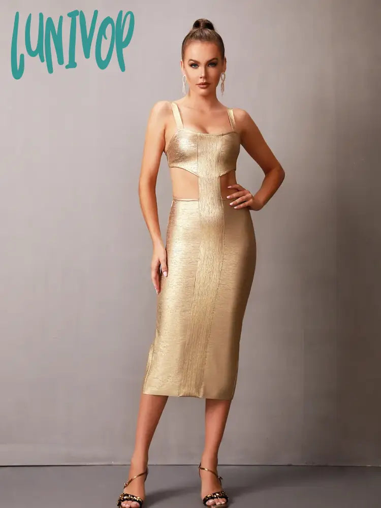 Lunivop  Women Summer Sexy Cut Out Gold Bronzing Print Midi Bodycon Bandage Dress Elegant Evening Club Party Dress