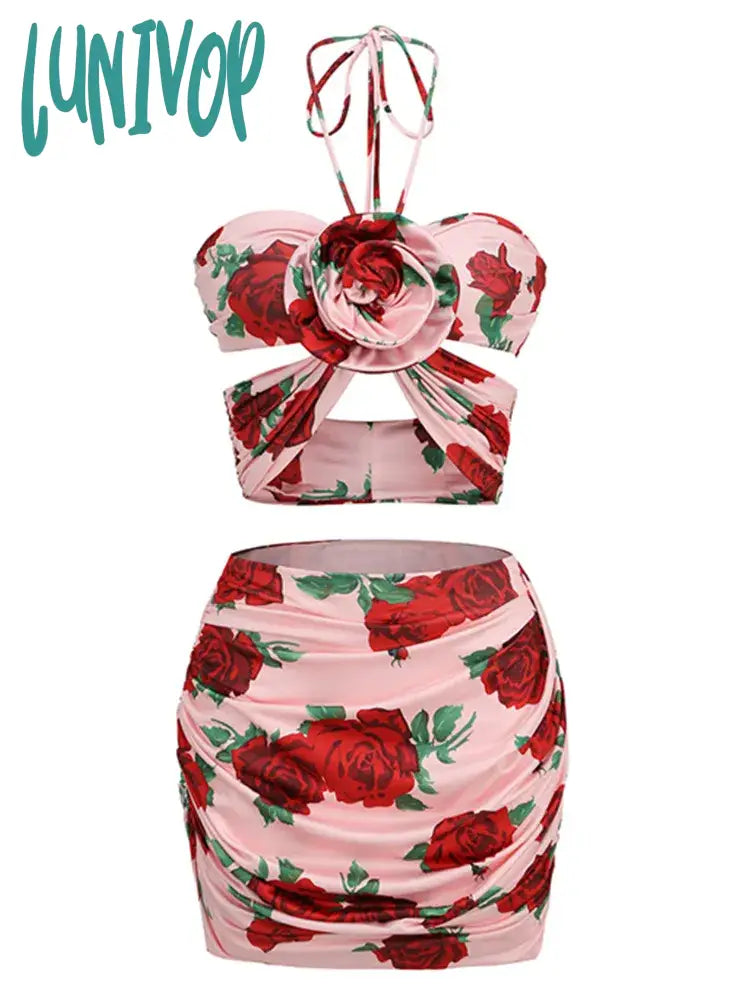 Lunivop Women Summer Sexy Halter Backless Floral Flower Ruched Draped Mini Sequins Bodycon Dress Elegant Evening Party Club Dress