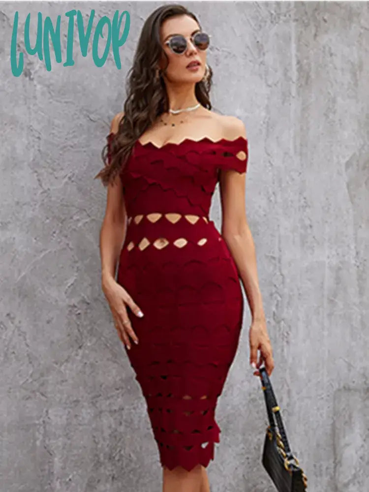Lunivop Women Summer Sexy Off Shoulder Burgundy Black Beige Blue Mini Bodycon Bandage Dress Elegant Evening Party Dress Vestido