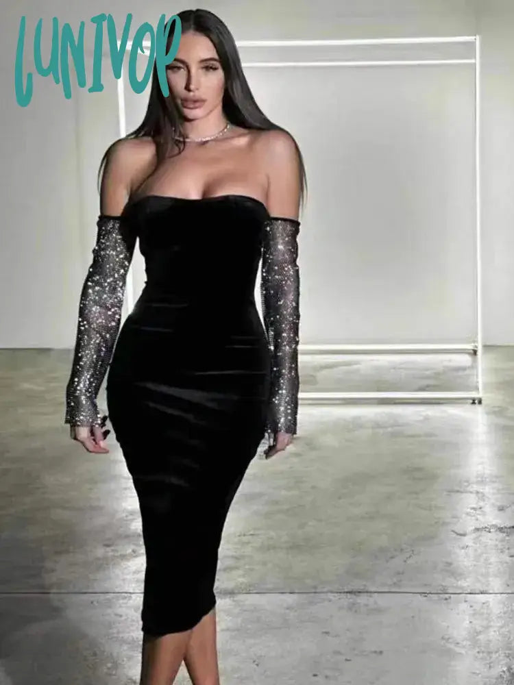 Lunivop Women Summer Sexy Off Shoulder Diamonds Sparkly Black Midi Bodycon Bandage Dress Elegant Evening Club Party Dress
