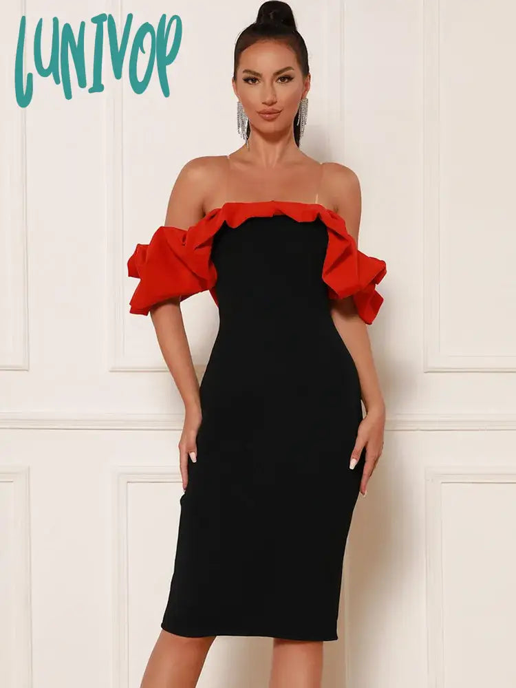 Lunivop Women Summer Sexy Off Shoulder Ruffles Patchwork Red Black Bodycon Midi Bandage Dress 
 Elegant Evening Celebrity Party Dress