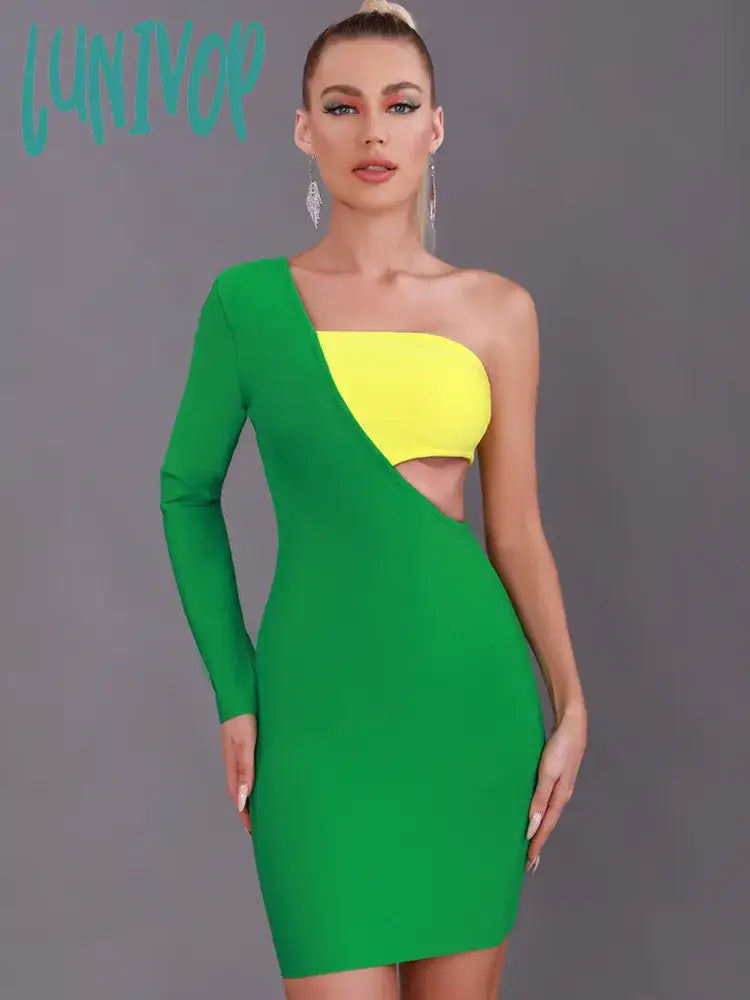 Lunivop Women Summer Sexy One Shoulder Patchwork Green Mini Bodycon Bandage Dress  Elegant Evening Celebrity Party Club Dress