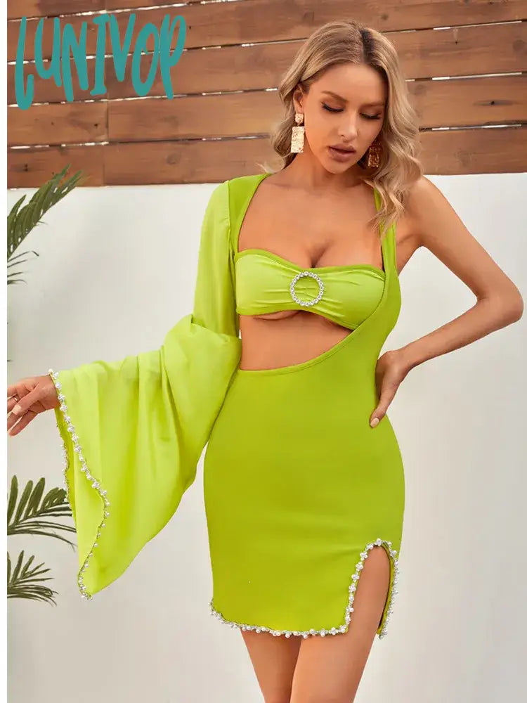 Lunivop Women Summer Sexy Single Sleeve Cut Out Beading Green Mini Bodycon Bandage Dress Elegant Evening Club Party Dress