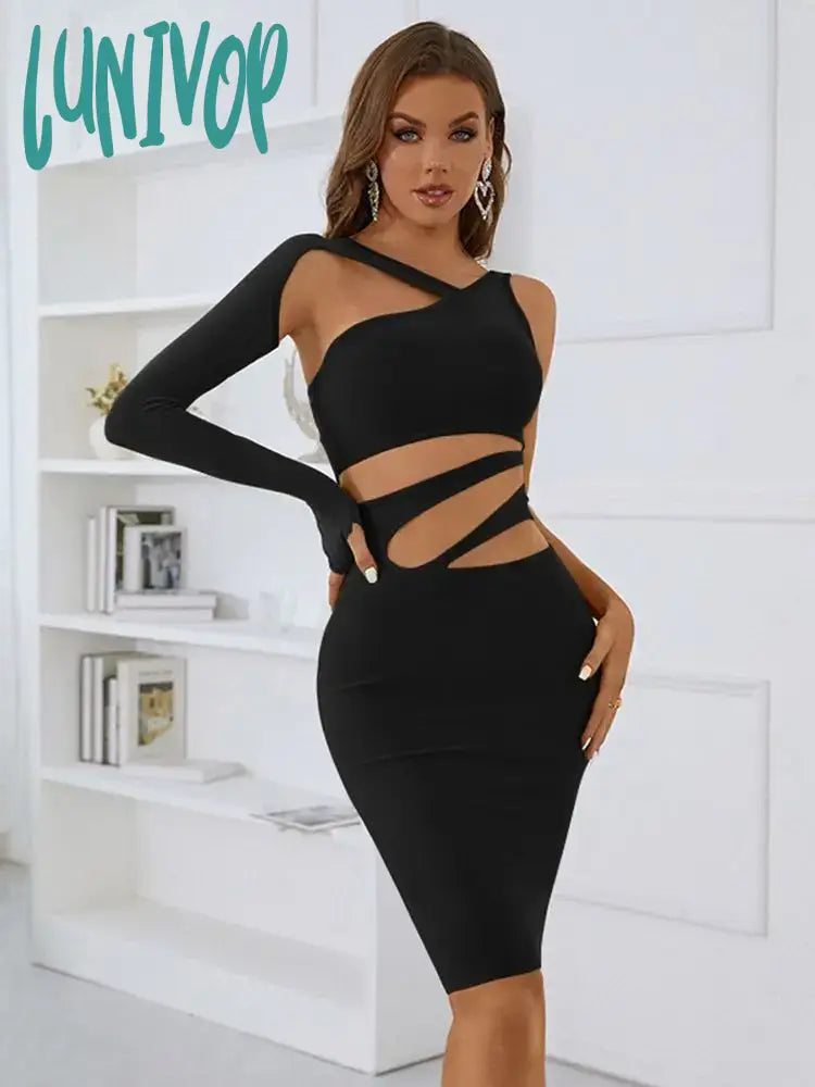 Lunivop Women Summer Sexy Single Sleeve Hollow Out Green Black Mini Bodycon Bandage Dress Elegant Evening Club Party Dress