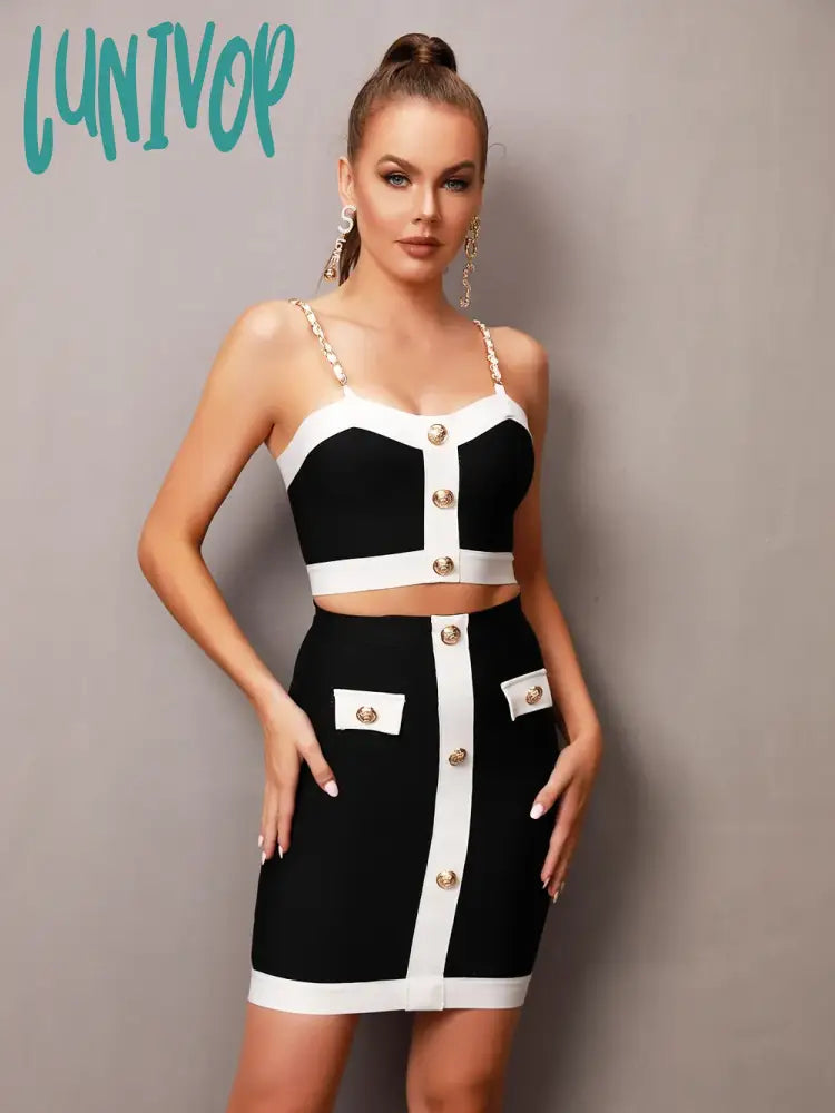 Lunivop Women Summer Sexy Sleeveless Backless Button Chain Mini Black Bandage Skirt Set  Elegant Evening Club Party Outfit