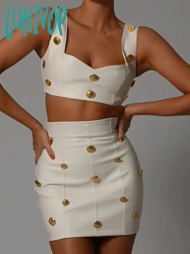 Lunivop Women Summer Sexy Sleeveless Backless Tank Button Leather PU Mini Bodycon Skirt Set Evening Club Party Outfits Crop Top