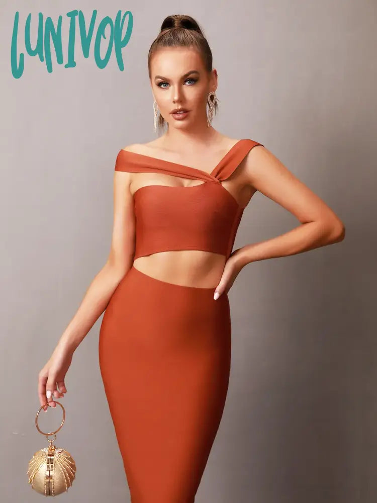 Lunivop Women Summer Sexy Sleeveless Cut Out Brown Black Purple Midi Bodycon Bandage Dress Elegant Evening Party Dress