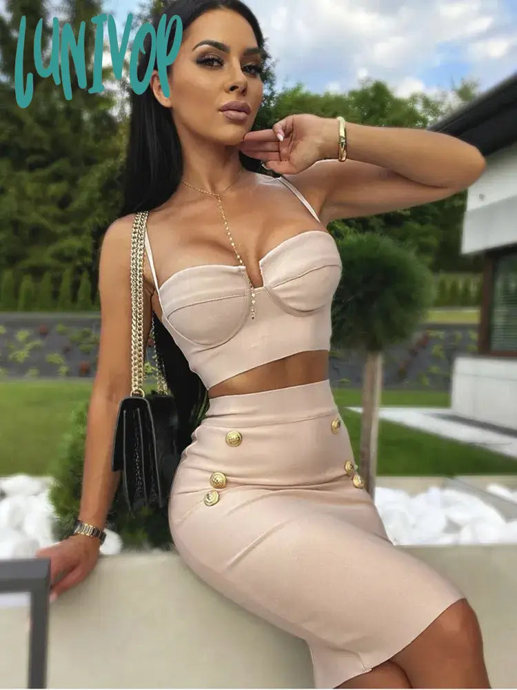 Lunivop Women Summer Sexy Sleeveless V Neck Button Black Beige Hot Pink Mini Bodycon Bandage Set Elegant Evening Club Party Outfits