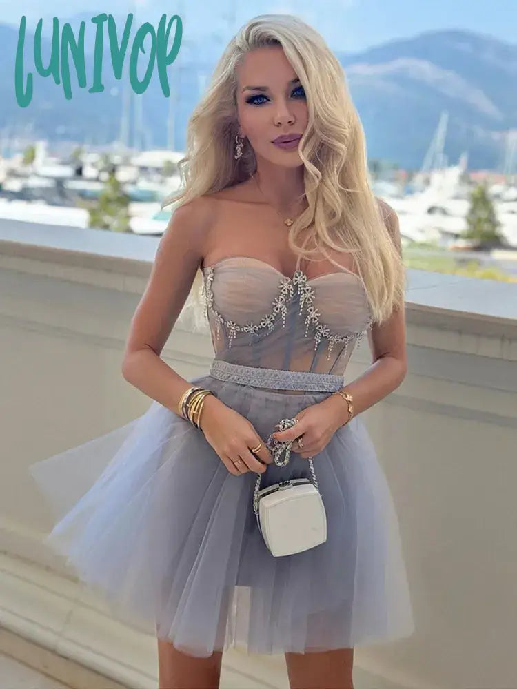 Lunivop Women Summer Sexy Strapless Backless Diamonds Pleated Mini Ball Gowns Bodycon Gowns Dress Elegant Evening Party Club Dress