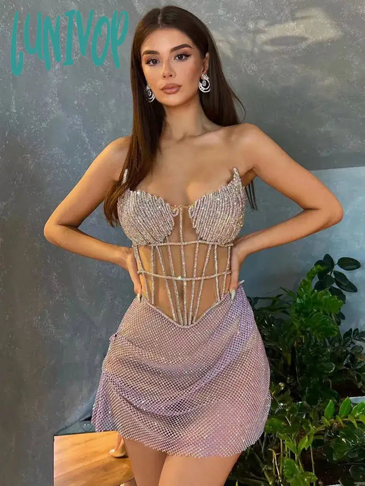 Lunivop Women Summer Sexy Strapless Backless Diamonds Sparkly Beige Mini Bodycon Gowns Dress Elegant Evening Party Club Dress