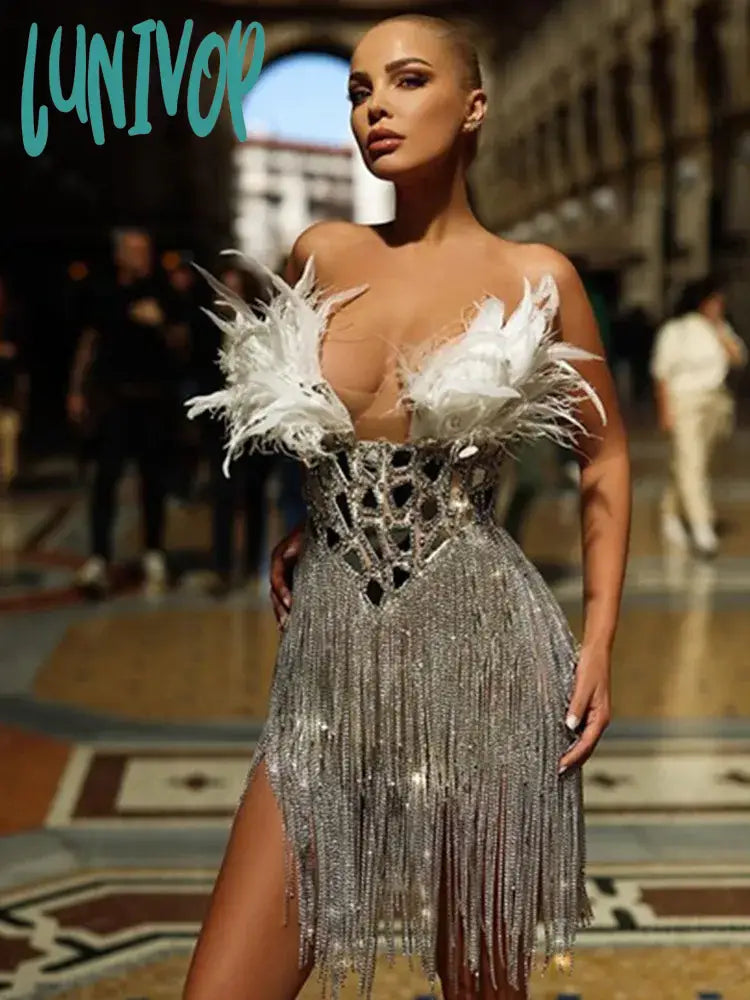 Lunivop Women Summer Sexy Strapless Backless Mirror Feather Diamonds Sparkly Mini Bodycon Dress 2024 Elegant Evening Party Dress Vestido