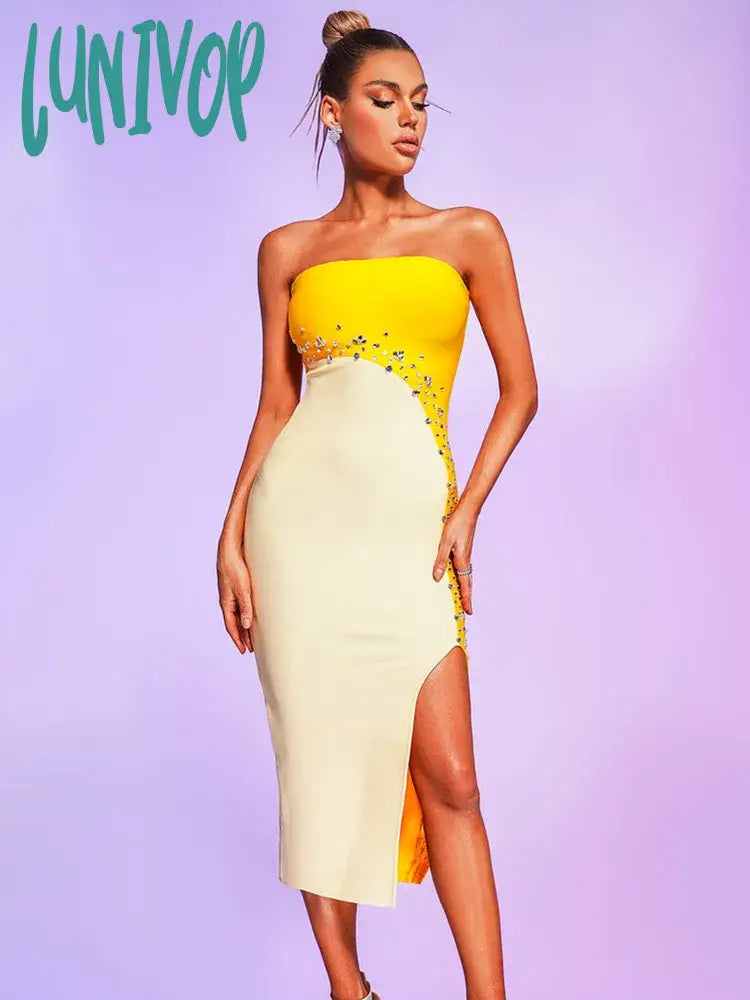 Lunivop Women Summer Sexy Strapless Backless Studded Beading Midi Bodycon Bandage Dress Elegant Evening Club Party Dress