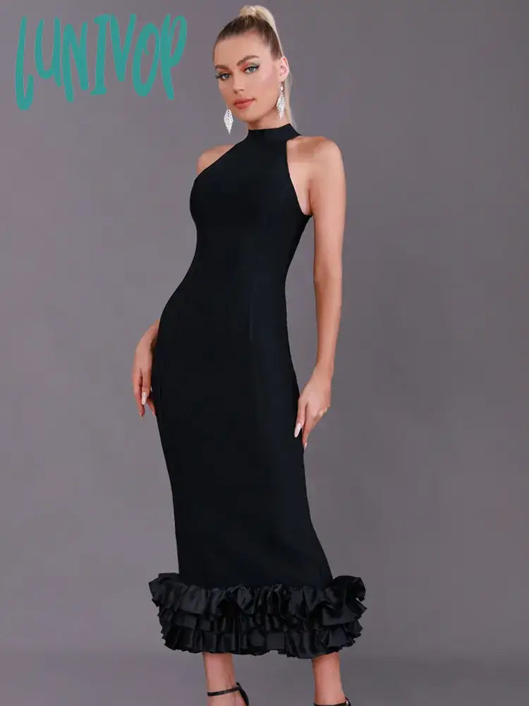 Lunivop Women Summer Sexy Tank Ruffules Satin Black Mid-Calf Bodycon Bandage Dress Elegant Evening Celebrity Party Club Dress