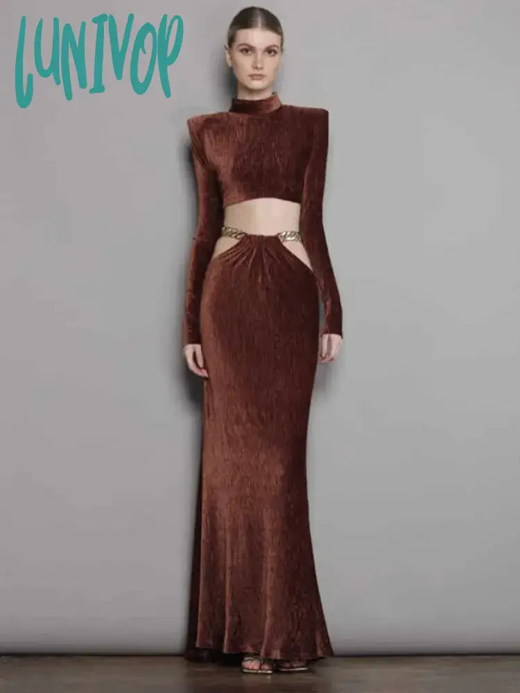 Lunivop Women Winter Sexy Long Sleeve Chain Hollow Out Maxi Long Bodycon Skirt Suits Elegant Designer Evening Club Party Set