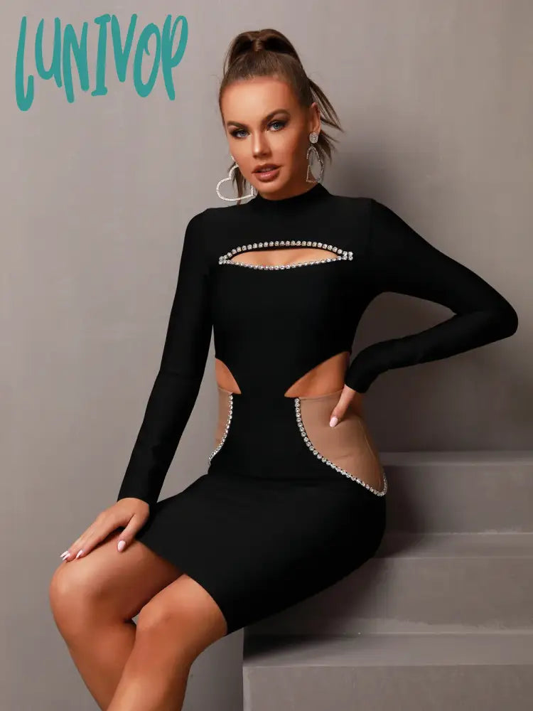 Lunivop Women Winter Sexy Long Sleeve Cut Out Beading Patchwork Black Mini Bodycon Bandage Dress Elegant Evening Club Party Dress