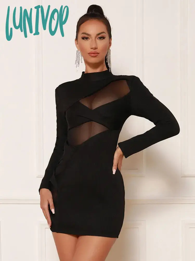 Lunivop Women Winter Sexy Long Sleeve Mesh Turtleneck Black Bodycon Mini Bandage Dress  Elegant Evening Celebrity Party Dress