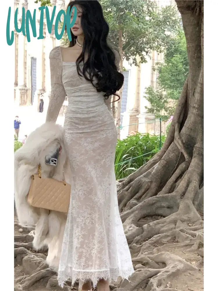 Lunivop Women's Lace Midi Dress Long Sleeve Square Collar Lace Up Bodycon Mermaid Autumn Winter Evening Party Prom Robe Vestidos Mujer